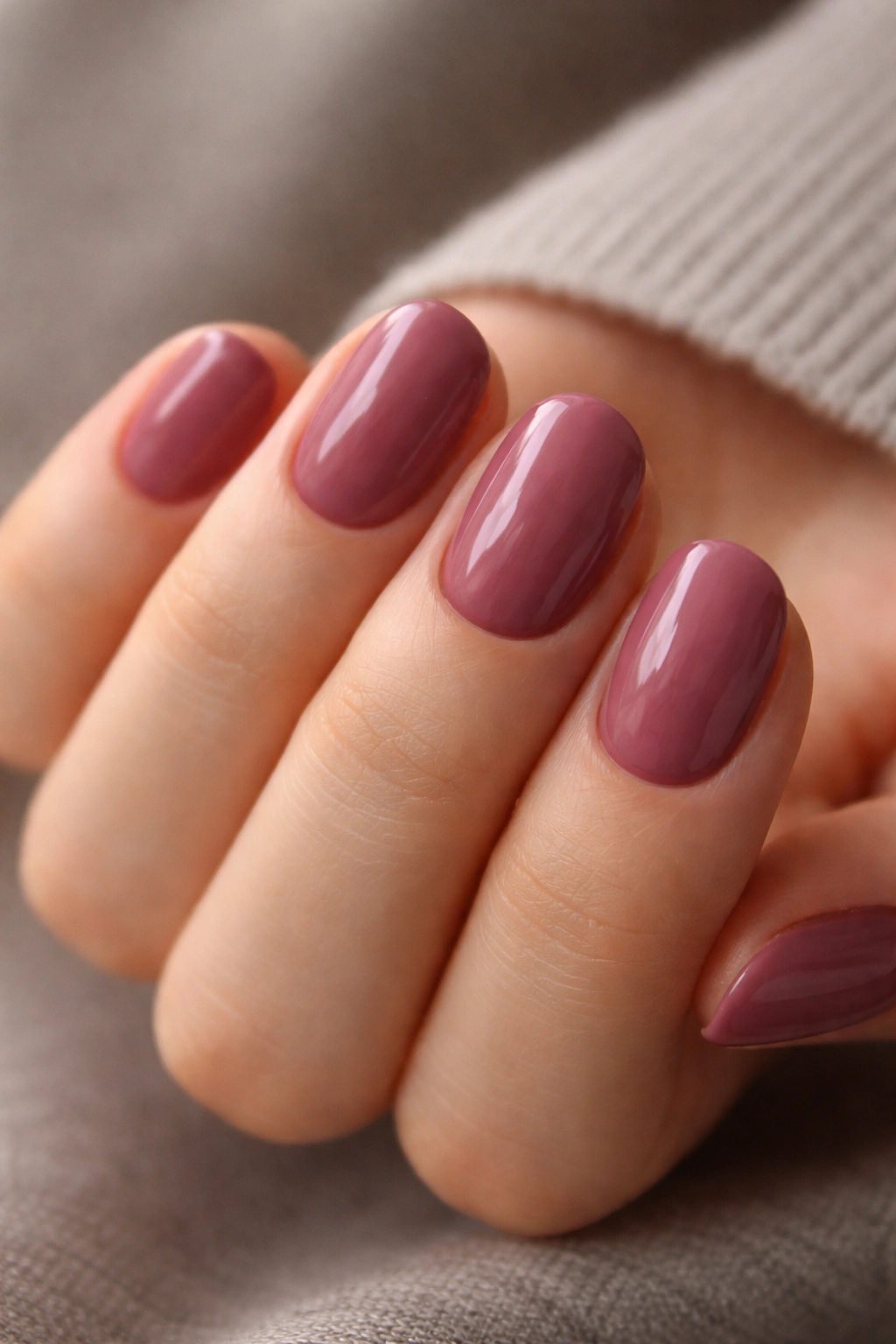 Close-up of short oval nails in muted berry shade.