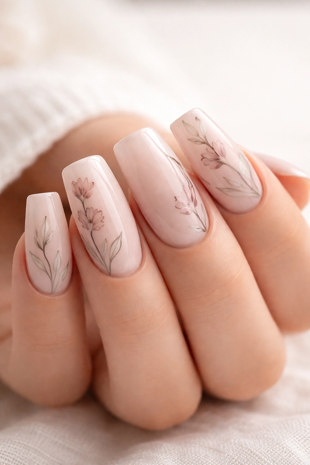 Duck-nail nails with delicate muted-tone floral line art on pale pink base