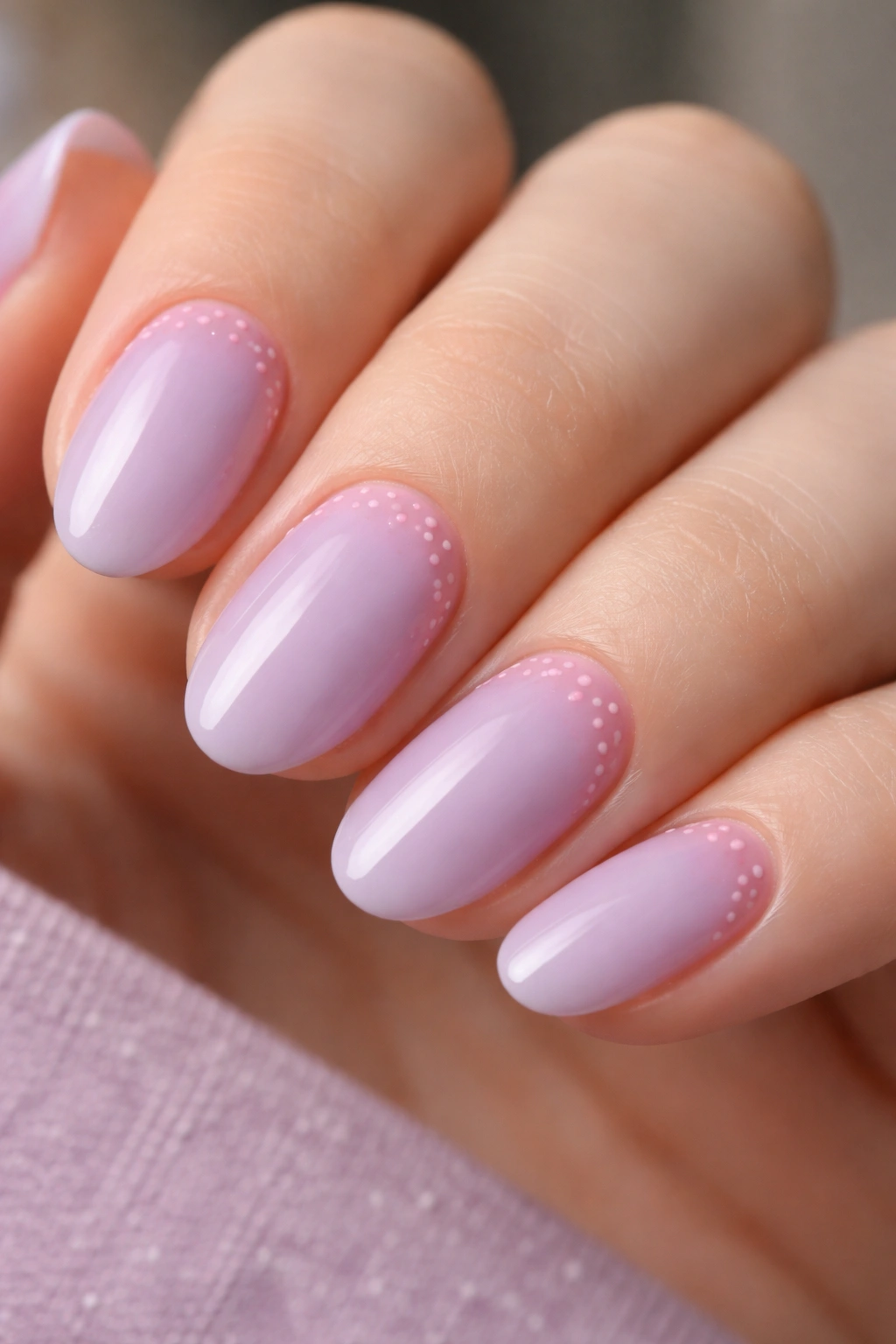 Muted lilac nails with tiny pink micro dots