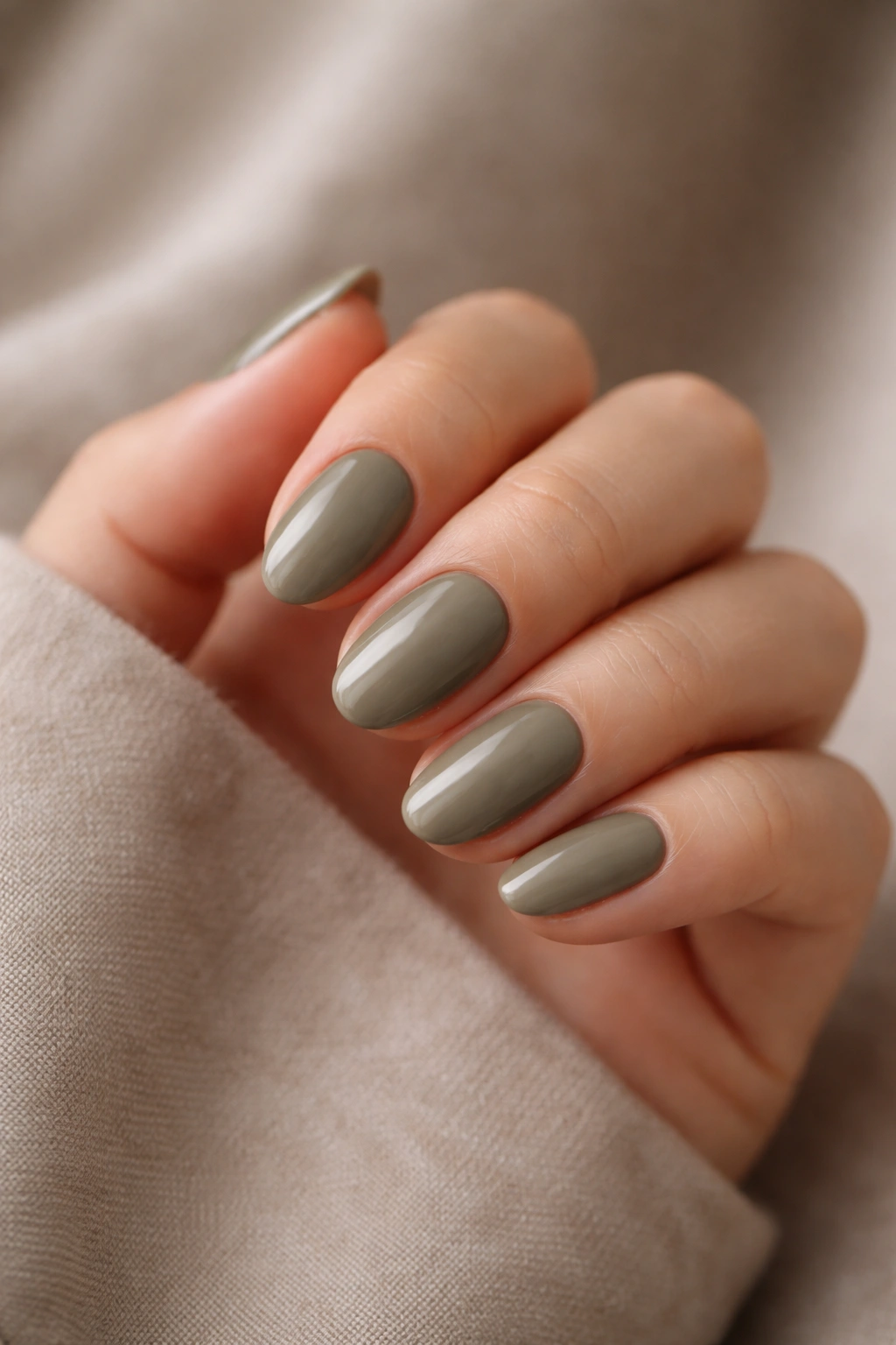 Close-up of muted olive almond nails on a neutral background