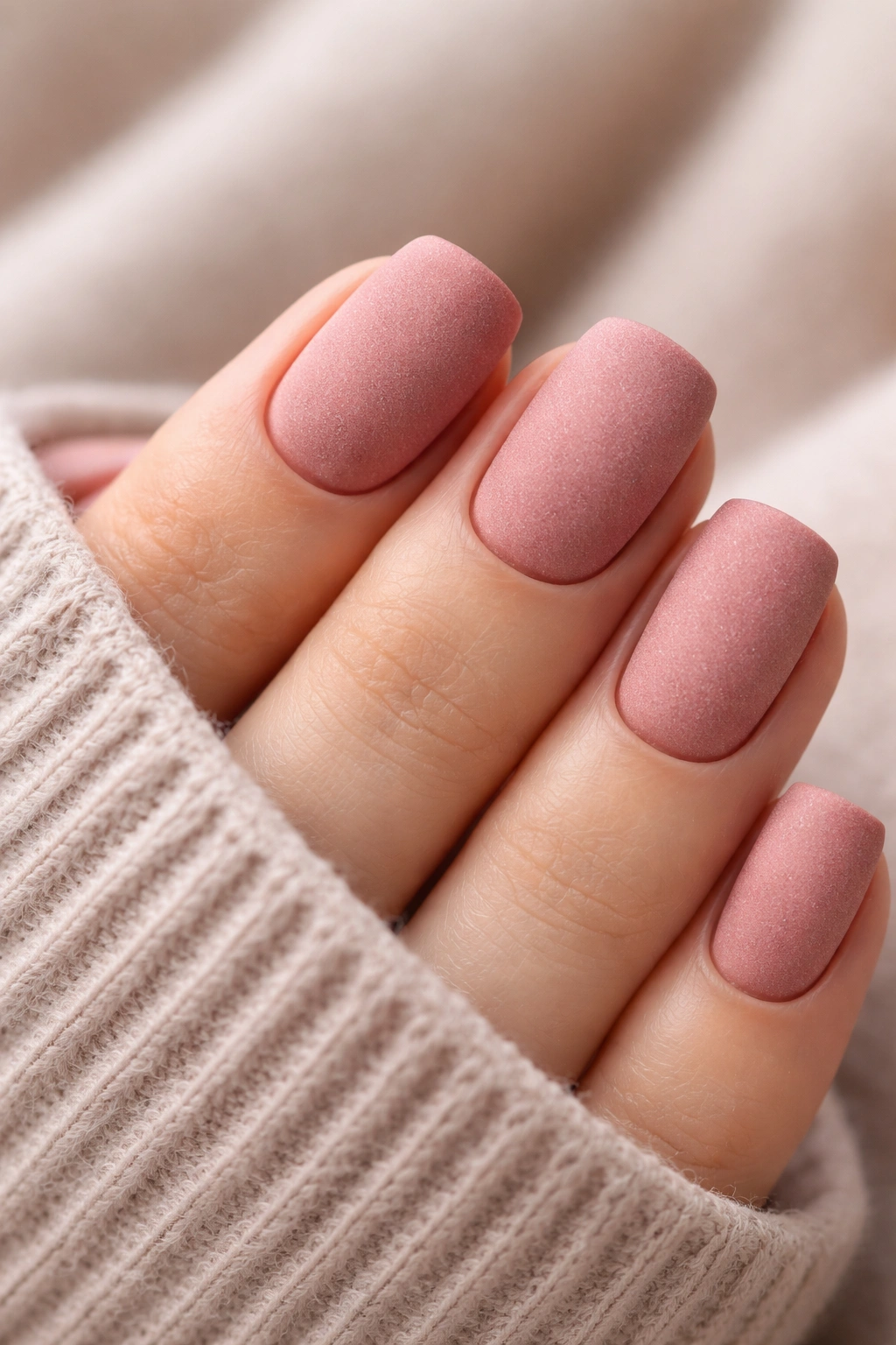 Close-up of muted rose nails with a flat matte texture and subtle grain.