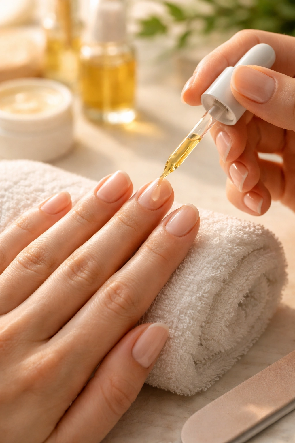 Hands applying cuticle oil to nails after dip removal