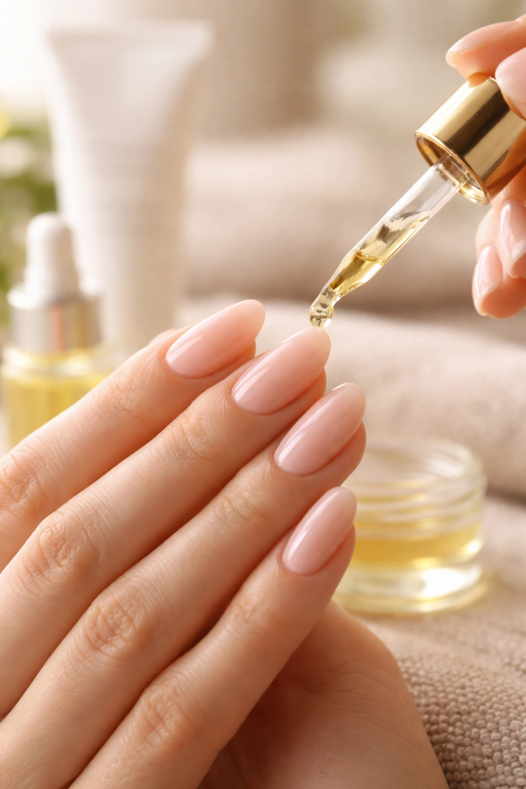 Hands applying cuticle oil to hydrated nails to extend gel wear