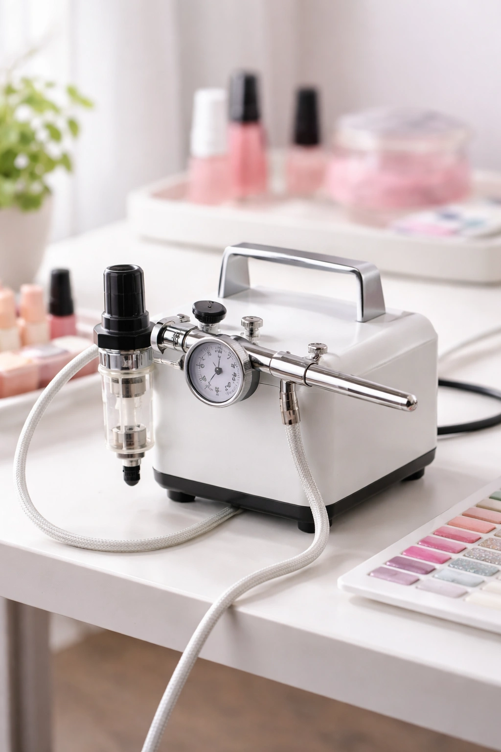 Compact nail airbrush compressor on a small desk in a clean workspace