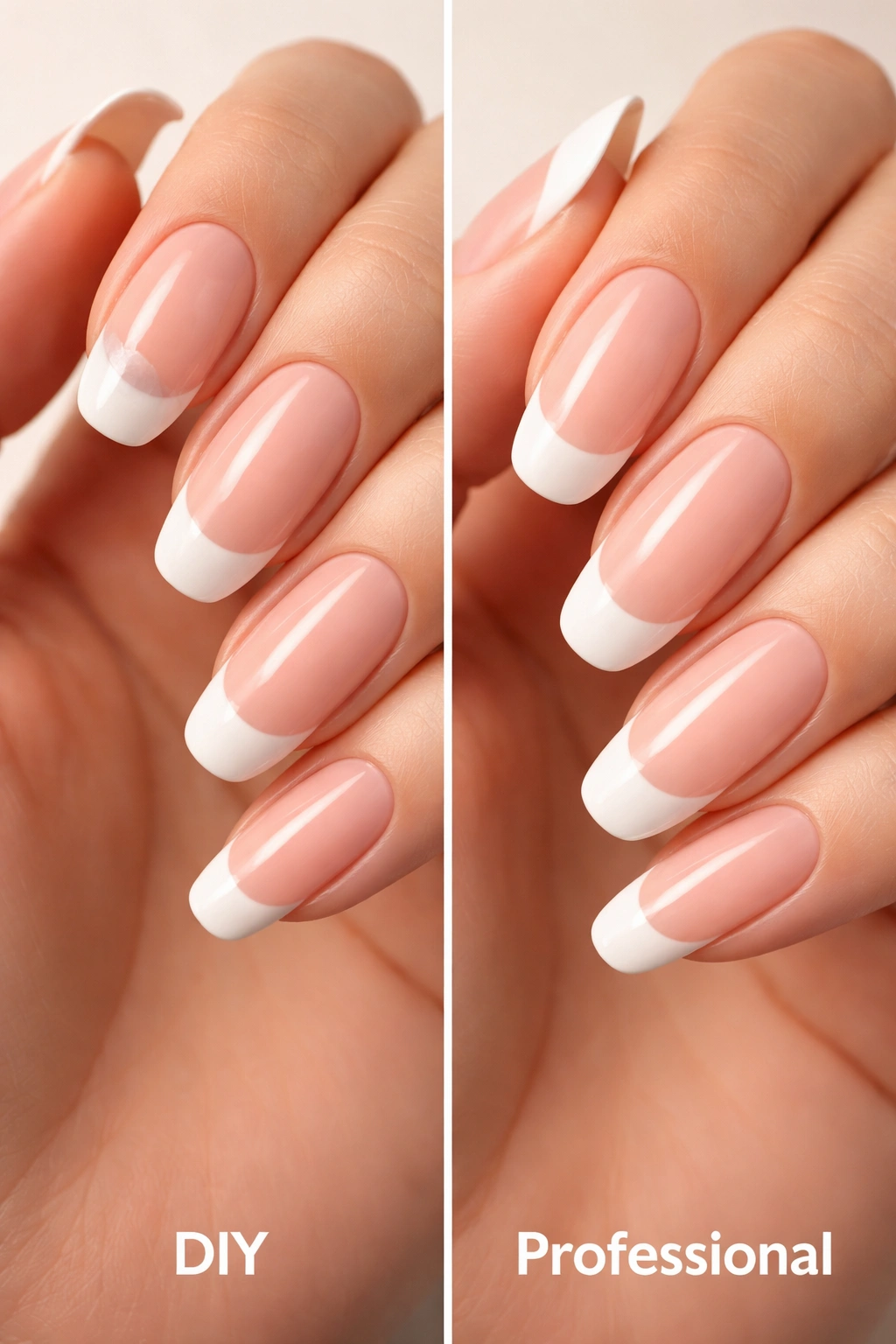 Close-up of nails with a crisp French tip on pink base