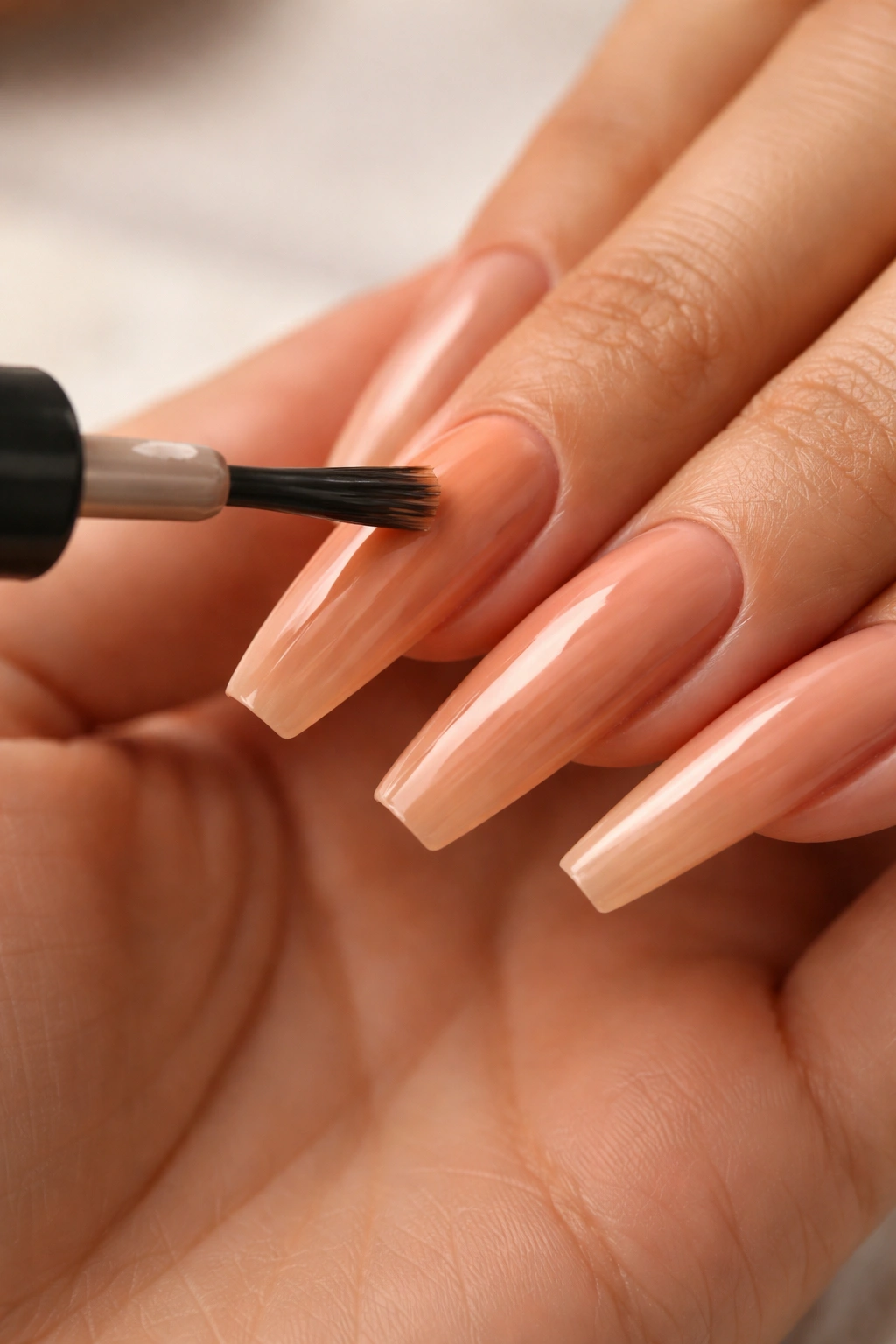 Nails being polished on long coffin nails with precise brush strokes