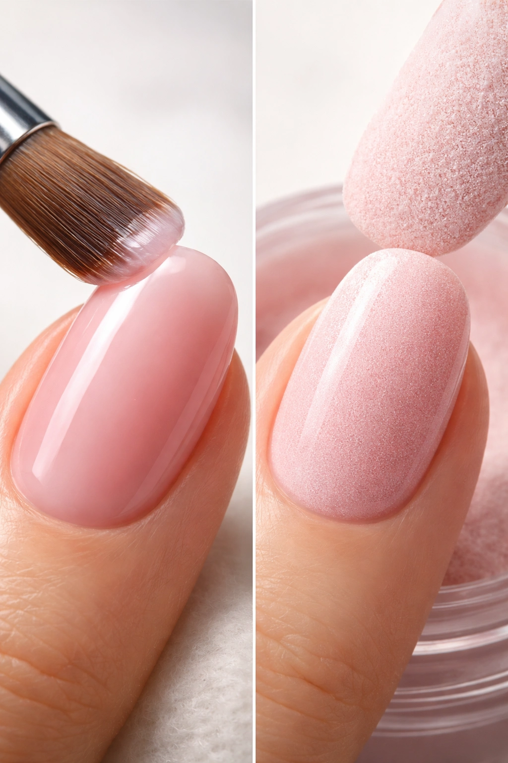 Split close-up of two nails showing gel brush-on vs powder-dipped finishes