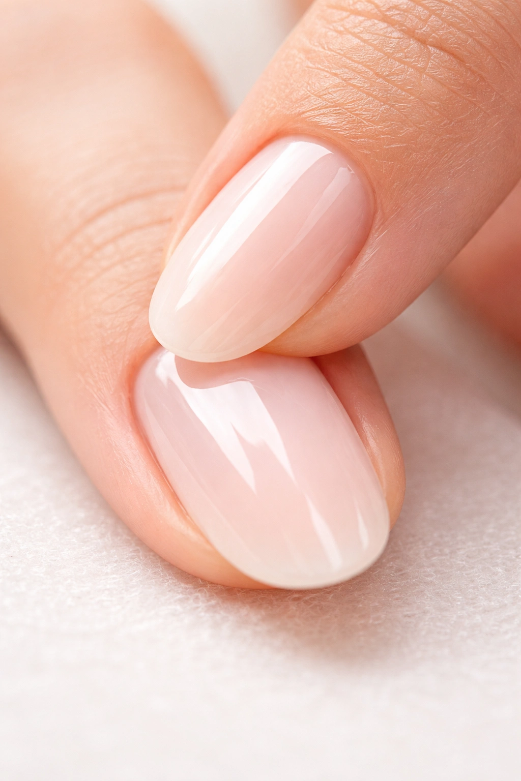 Finger pressing a press-on nail onto the natural nail showing contact