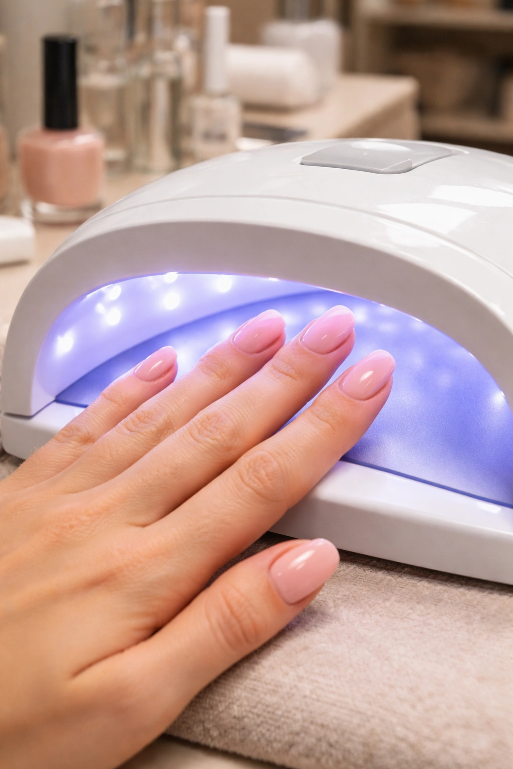 Close-up of nails during Shellac/Gel application under UV lamp.