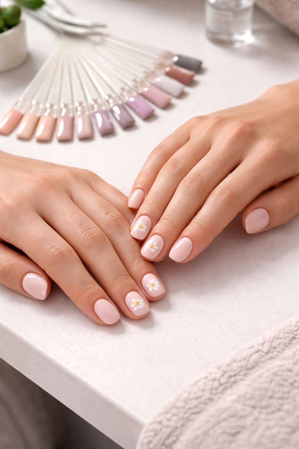 Two hands with matching nails and color swatches in the background