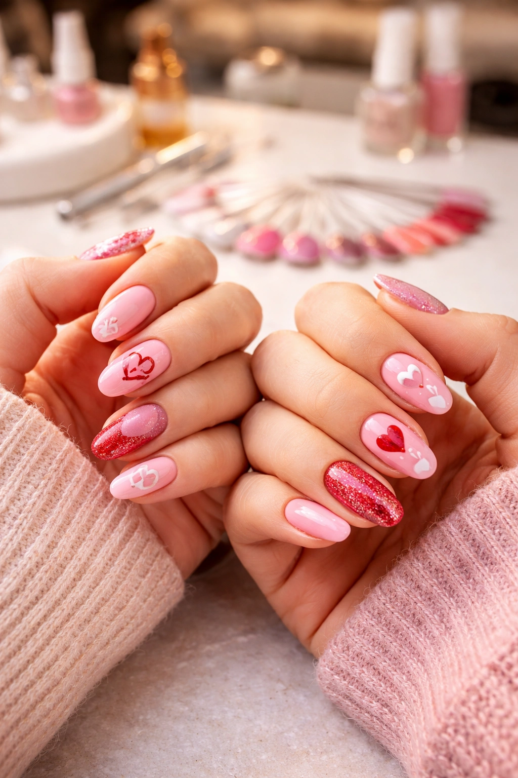 Two hands at a salon station with coordinated nails