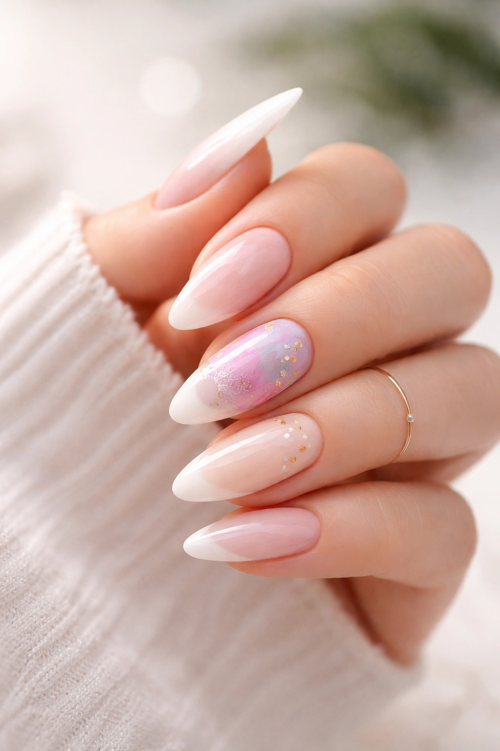 Close-up of almond nails with diverse designs on a single hand, showcasing design possibilities