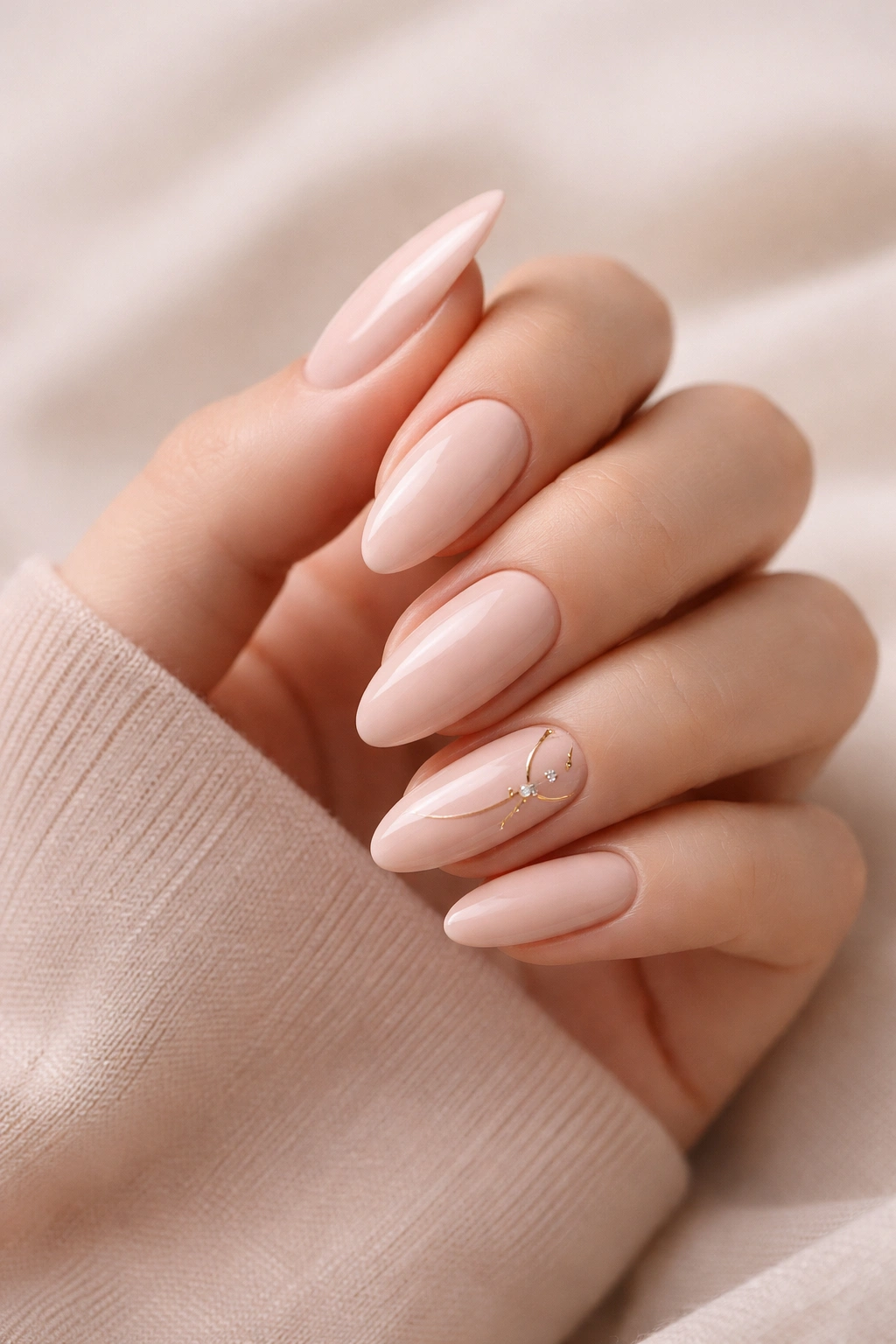 Almond nails in nude tones with minimalist design on a clean background