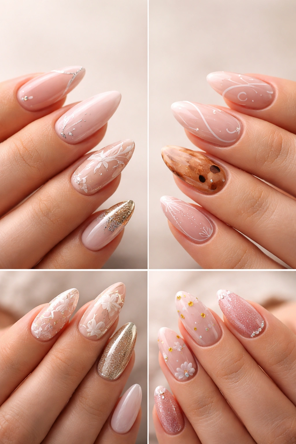 Close-up of hands with almond and oval nails featuring minimalist and intricate nail art on neutral backdrop