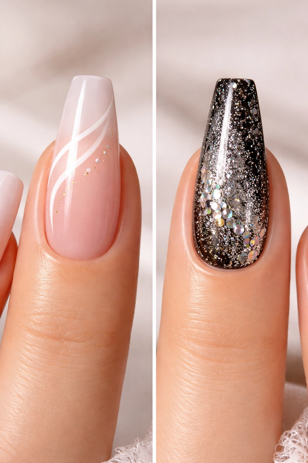 Nails with minimalist art on ballerina shape and bold glitter on coffin shape