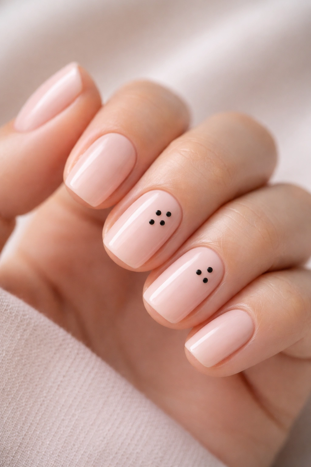 Close-up of ballet pink nails with minimalist black dot clusters