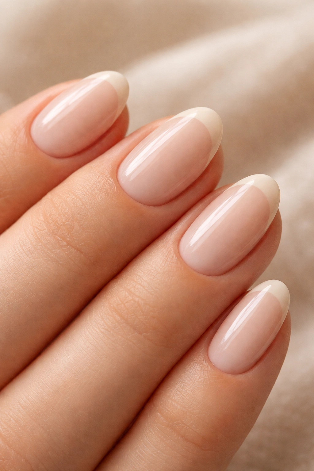 Close-up of an extra-short almond nail with beige-on-beige French manicure.