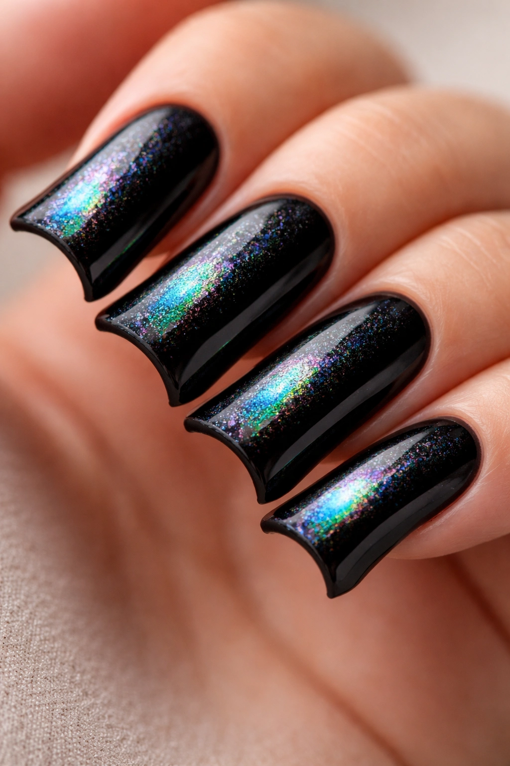 Black curved duck nails with holographic shimmer along edge