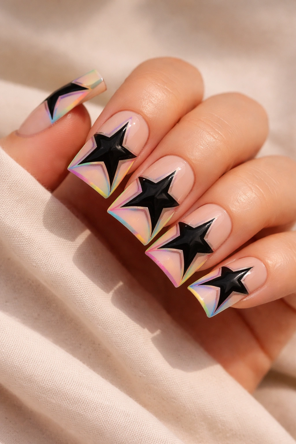 Close-up of nude nails with black stars outlined by rainbow edges