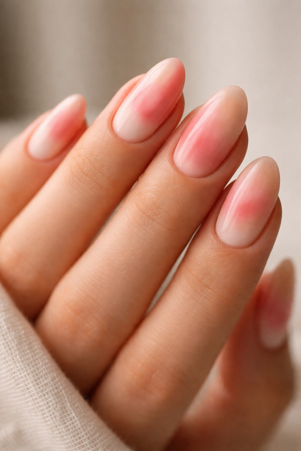 Close-up of short almond nails with blurred color blocks in warm tones