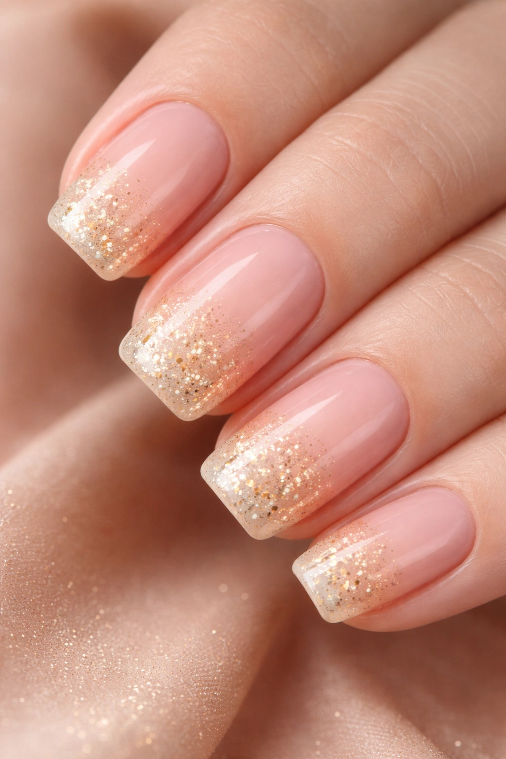 Close-up of short squoval nails with blush to champagne gradient and gold flecks