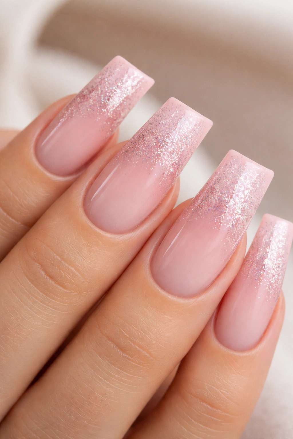 Blush pink ombre curved nails with glitter fade