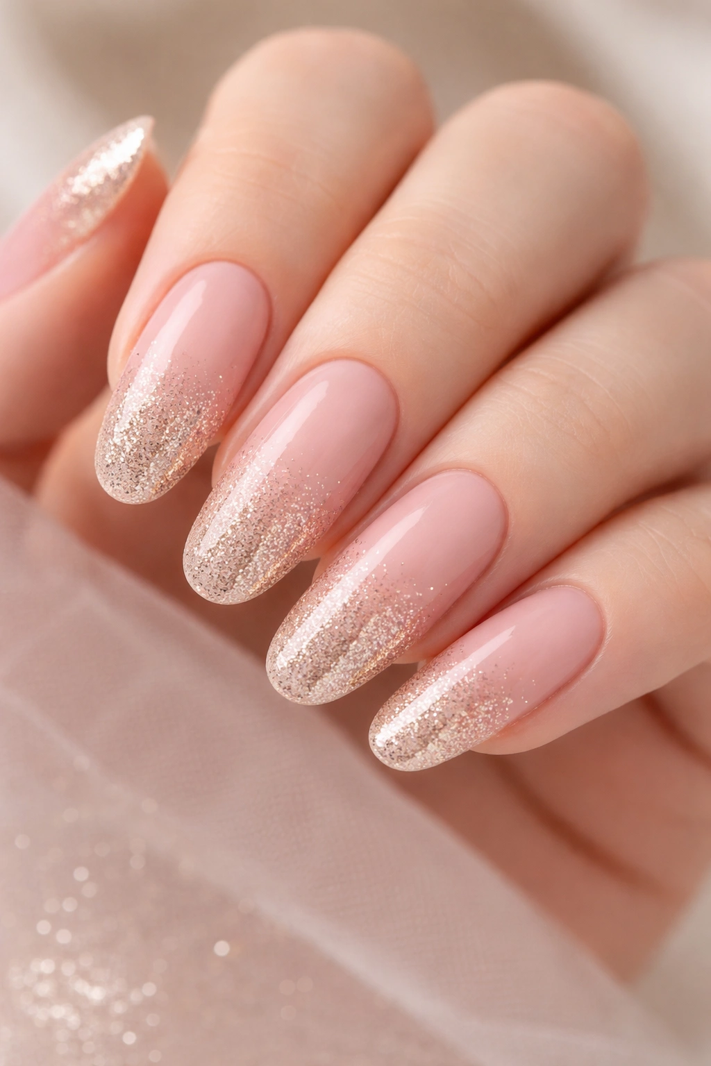 Long oval nails blush pink to champagne glitter ombré