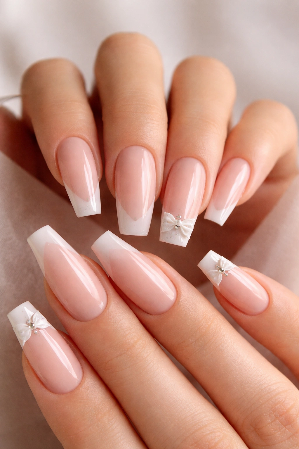 Close-up of ballerina nails with subtle bow details on a nude base
