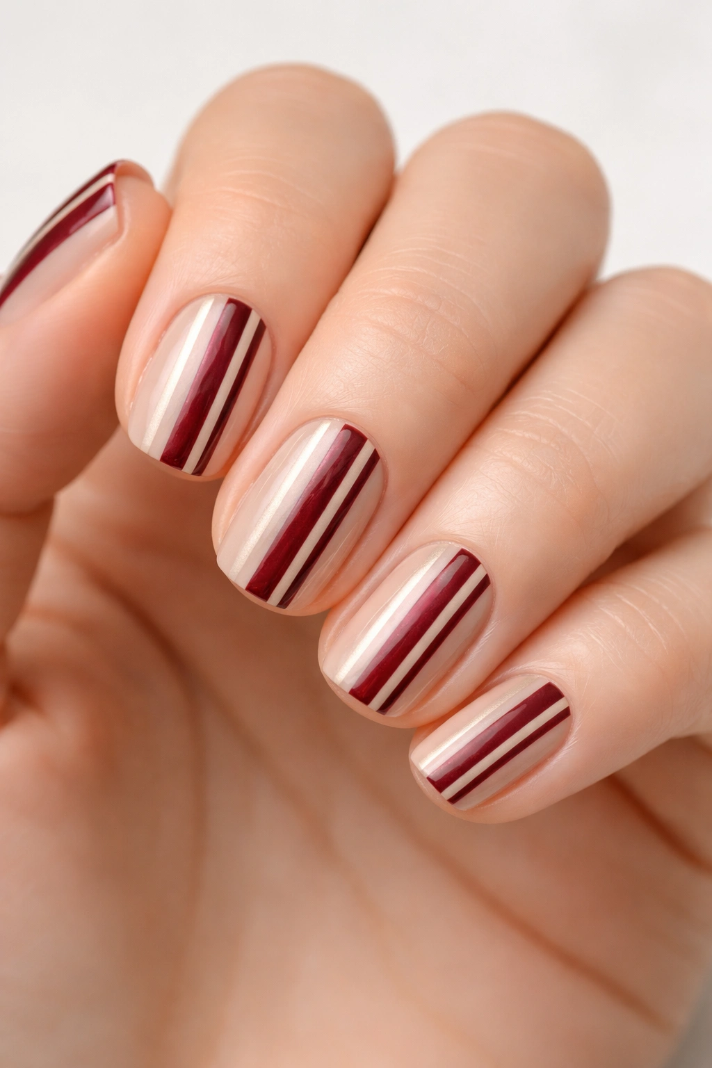 Close-up of short squoval nails with ultra-thin burgundy and champagne stripes on a neutral background