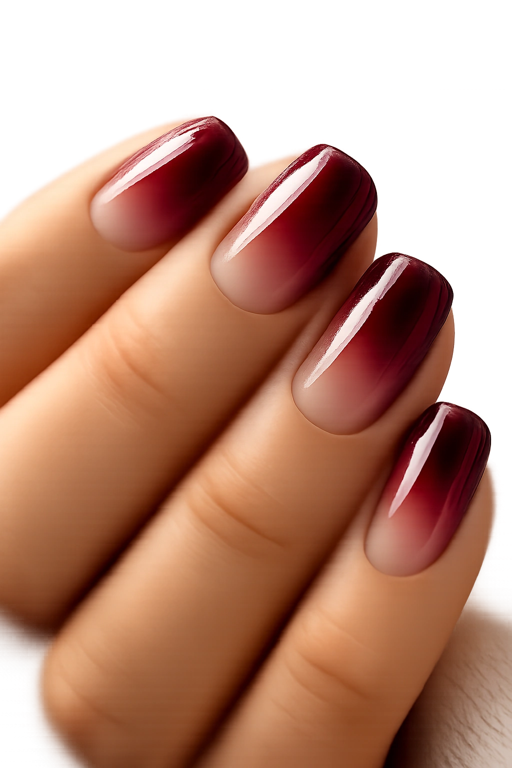 Nails with sheer burgundy over nude base showing depth and translucency