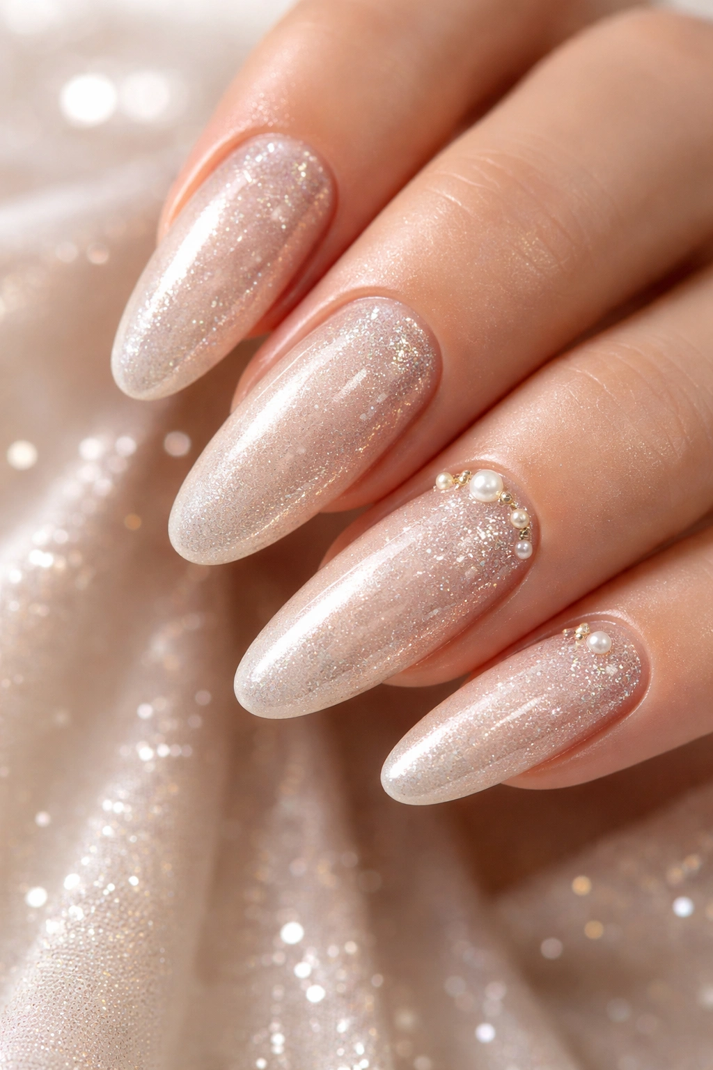 Long oval nails champagne base with pearl accents and glitter