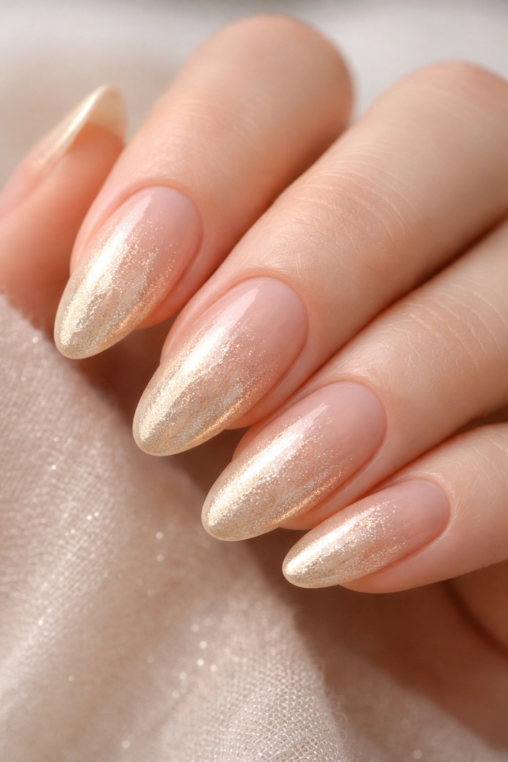 Nails with sheer nude to champagne shimmer ombre