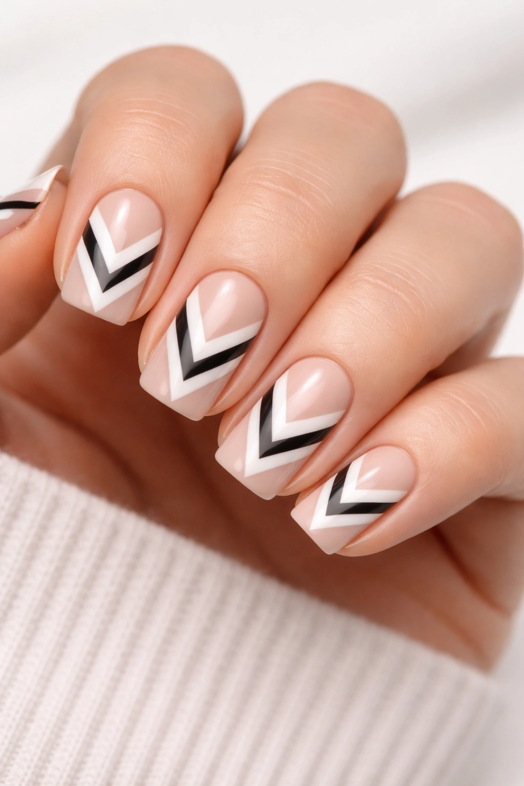 Close-up of short squoval nails with chevron patterns on a neutral base
