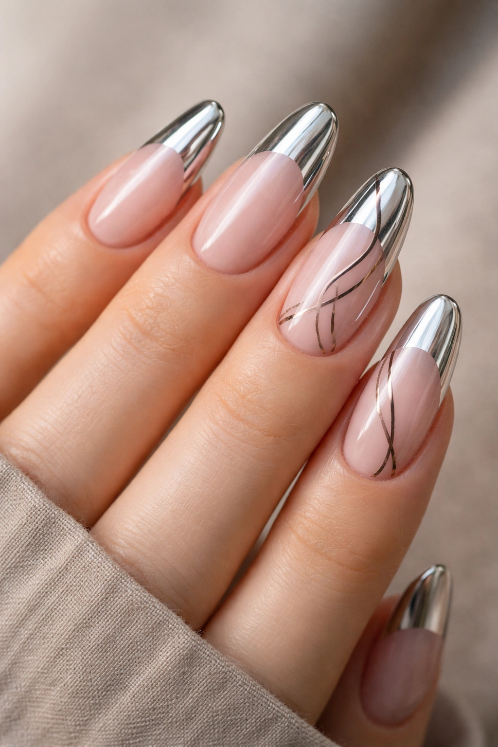 Close-up of long oval nails with chrome tips and delicate abstract line art