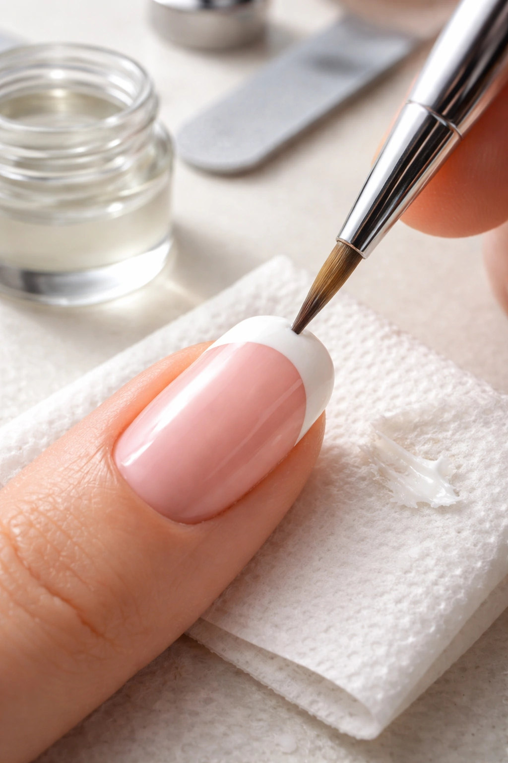 Close-up of a nail being cleaned up with a detail brush and remover to fix a mistake in a French tip manicure