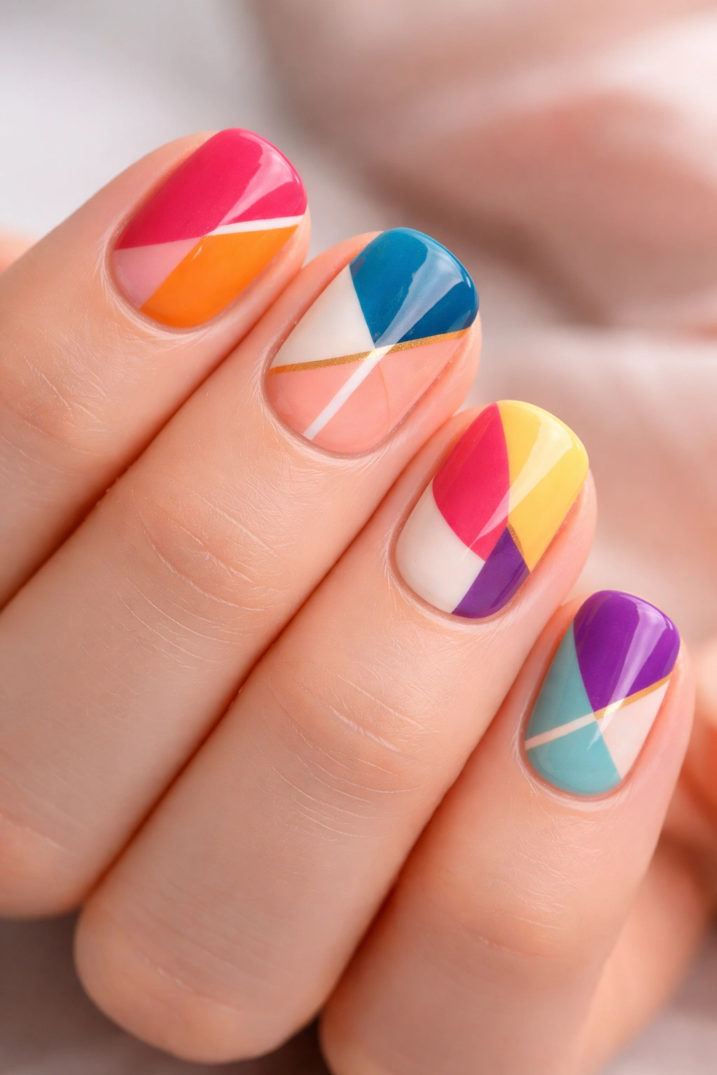 Close-up of short nails with color-blocked tips and abstract shapes
