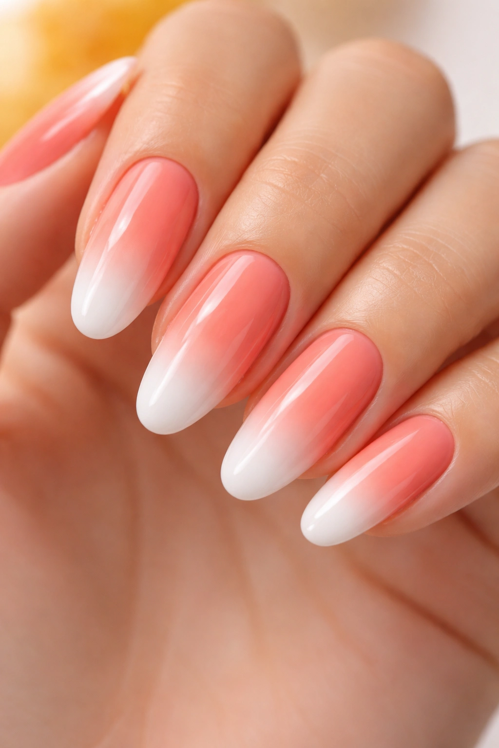 Long oval nails coral ombre to white tips