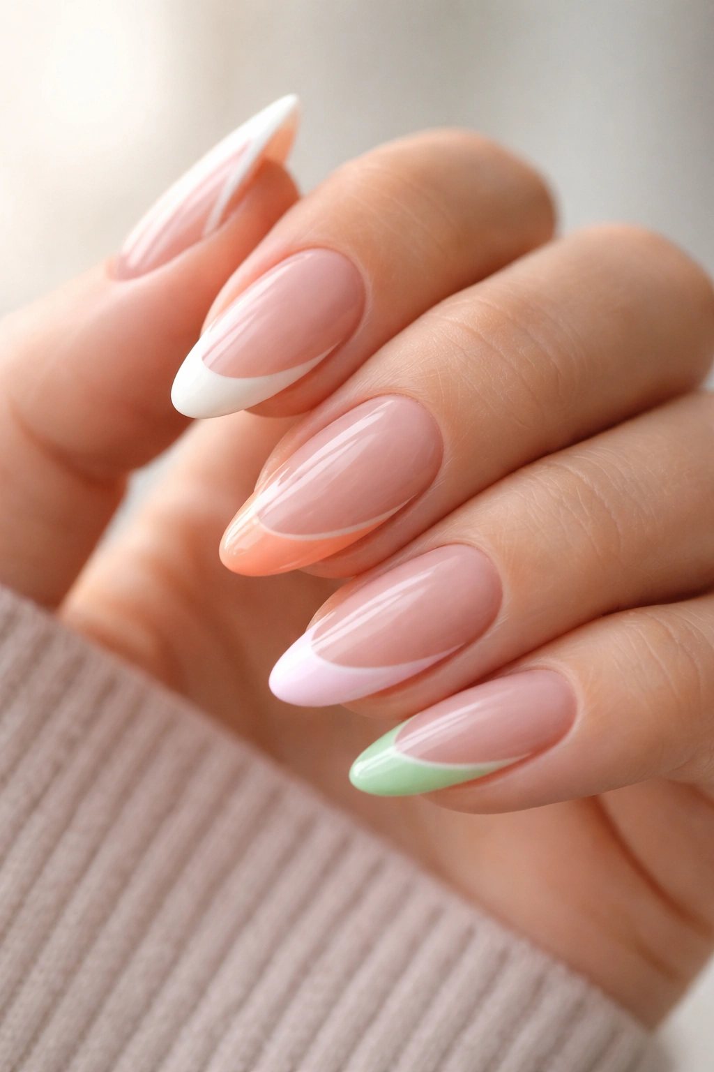 Close-up of short almond nails with crooked French tips