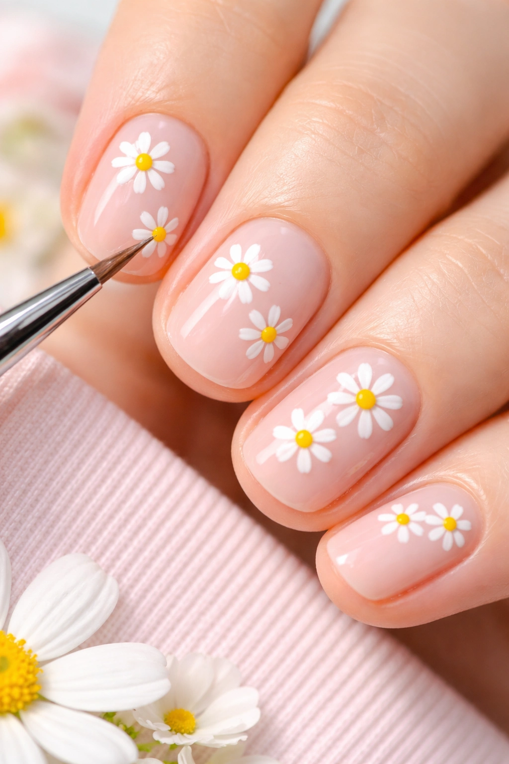 Close-up of short nails with simple white daisies and yellow centers