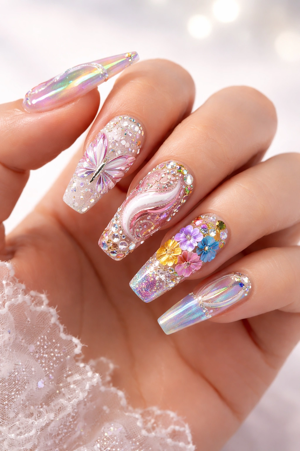 Close-up of hands showcasing elaborate nail art designs.