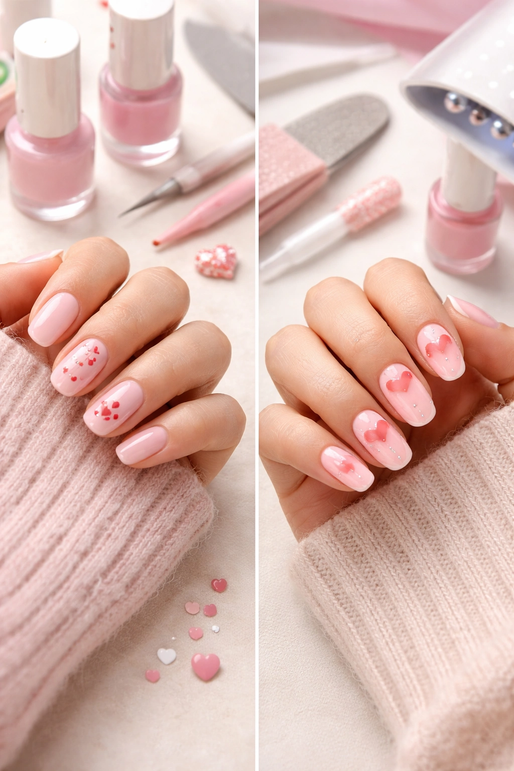 Close-up of two hands with DIY and salon heart nail designs on neutral surface