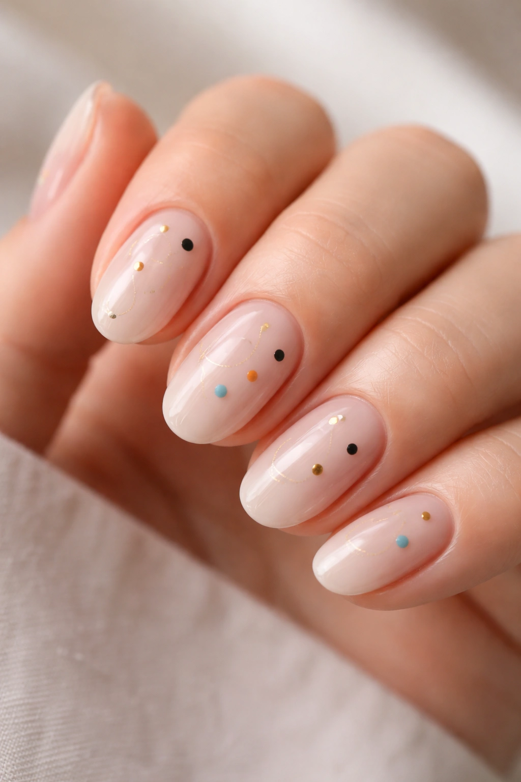 Close-up of short almond nails with off-center dots and tiny orbit patterns