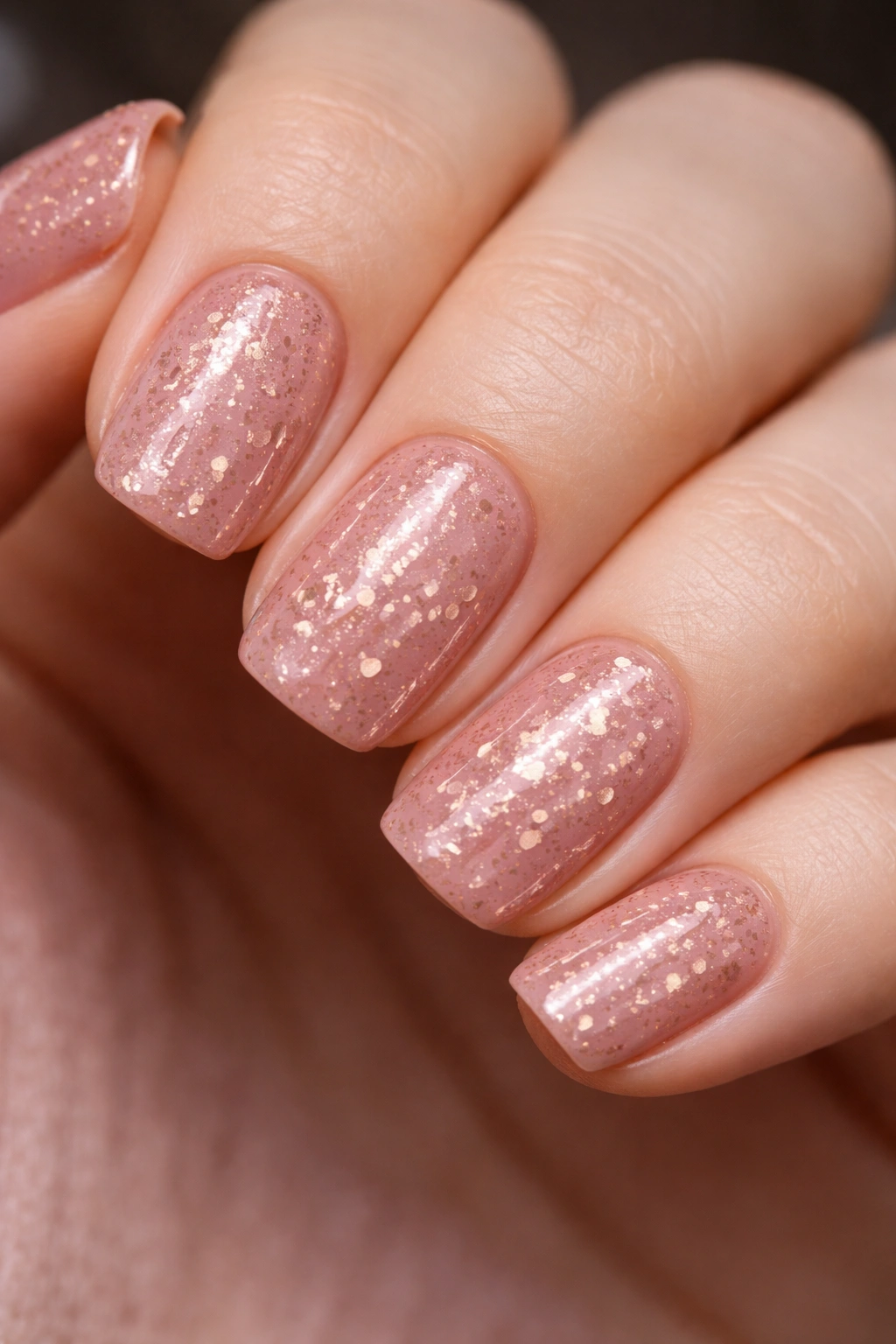 Close-up of dusty rose nails with embedded rose gold flakes
