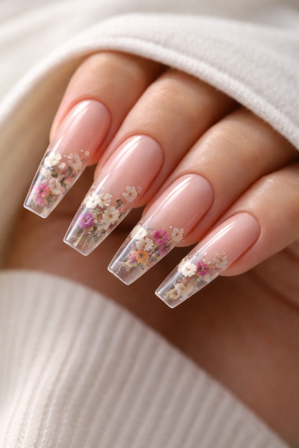 Clear tips with tiny dried flowers encapsulated under gel