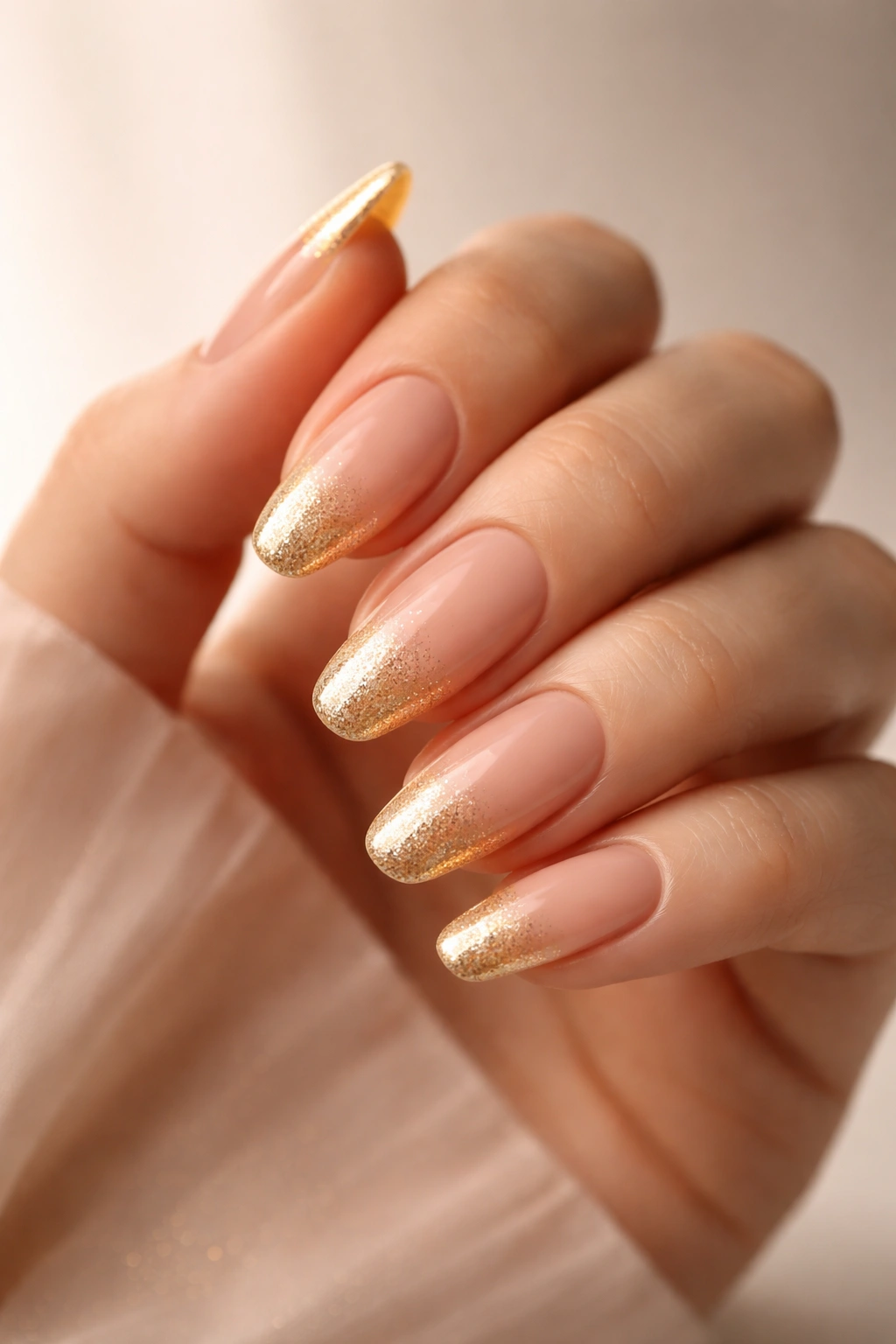 Close-up of smooth nude-to-gold ombre nails with glossy finish