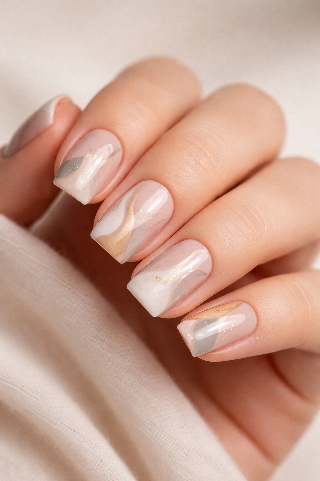 Close-up of soft square nails with understated abstract art in muted tones