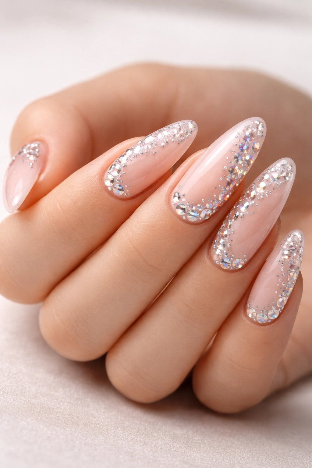 Close-up of long oval rhinestone nails in a minimalist setup