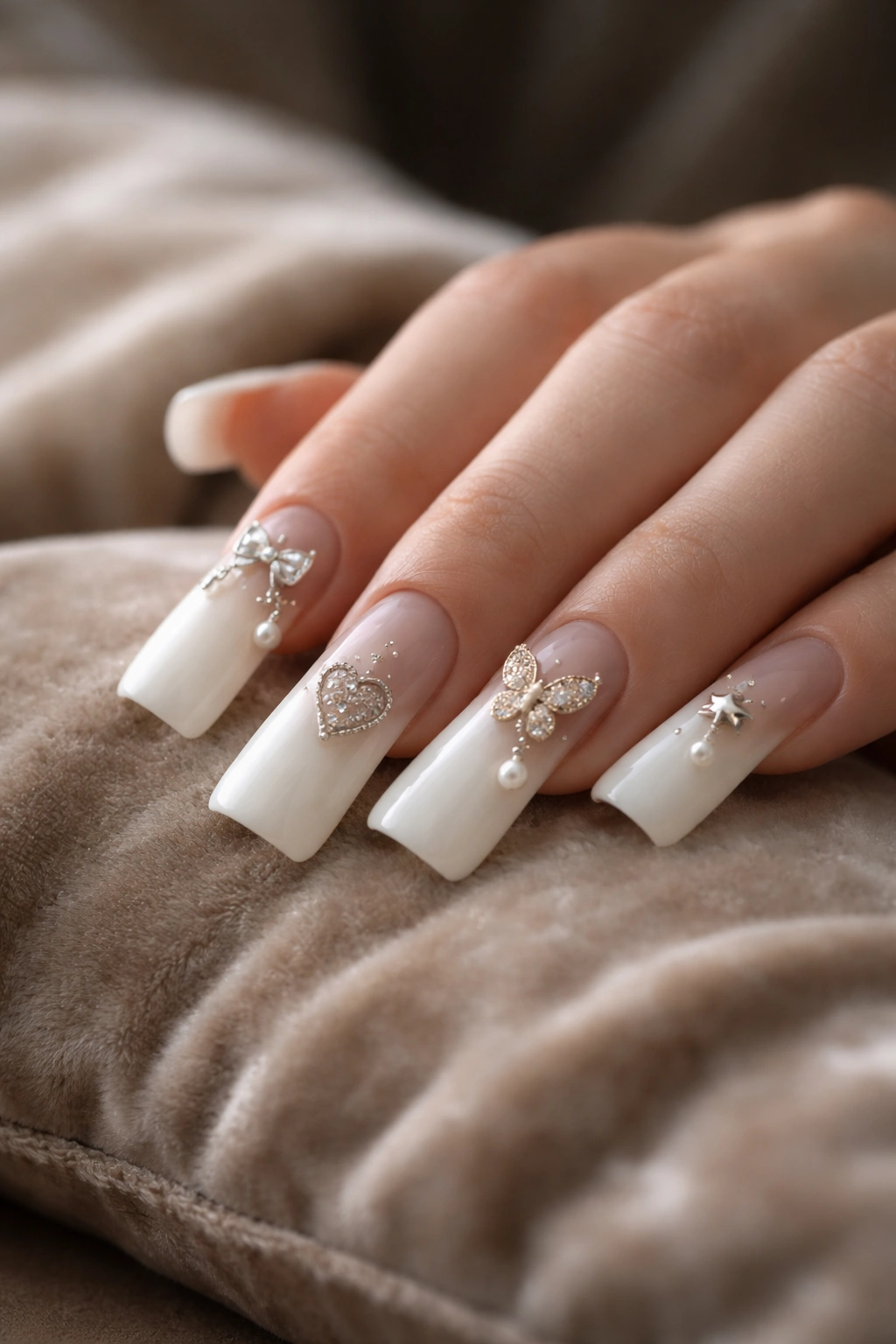 Close-up of white duck nails with charms on soft velvet surface