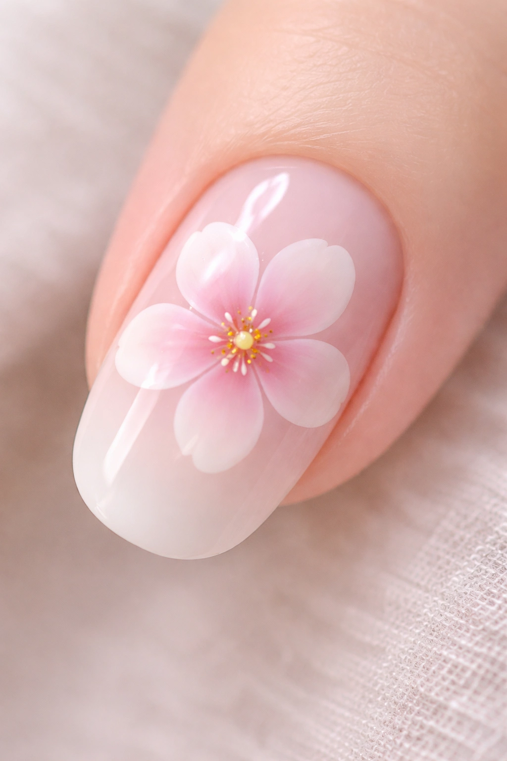 Close-up of a fingernail with a five-petal blooming gel flower