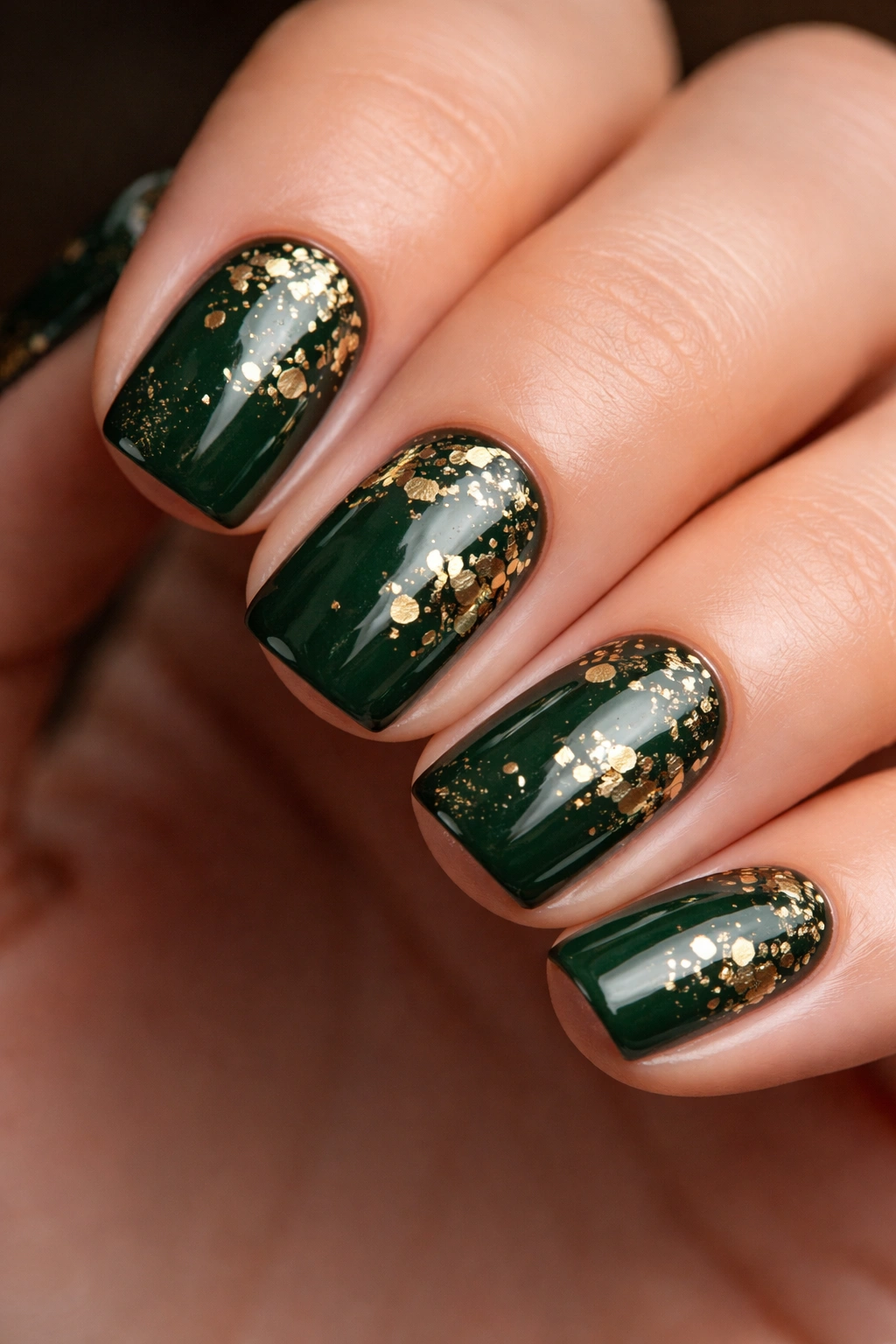 Close-up of deep forest green nails with gold leaf accents